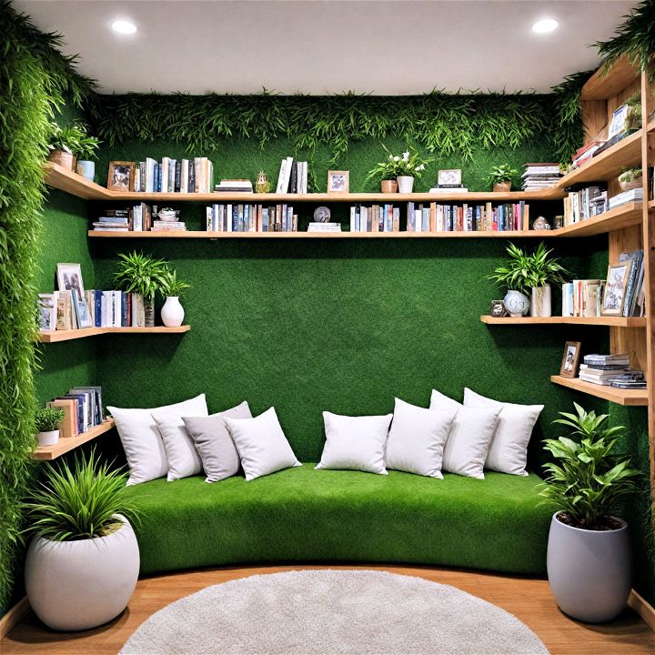 reading nook with an artificial grass wall