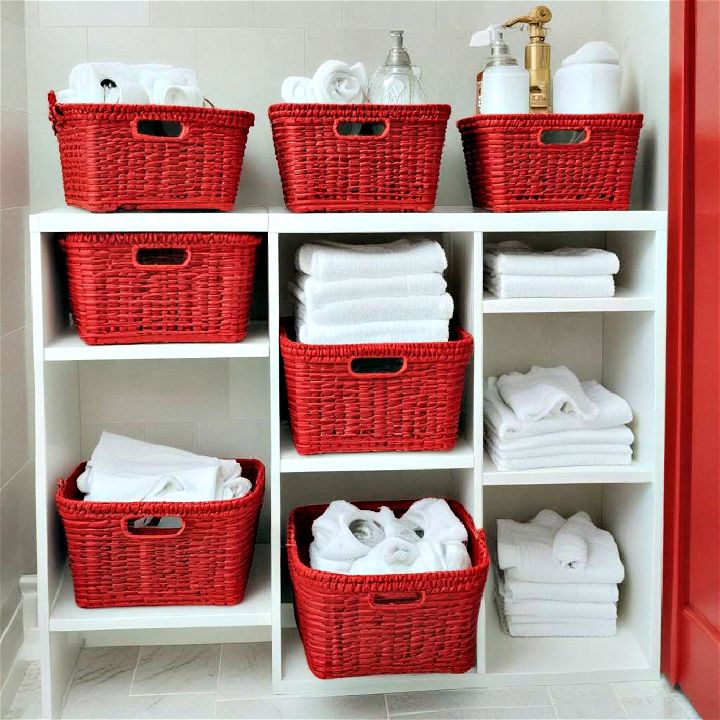 red bathroom storage baskets