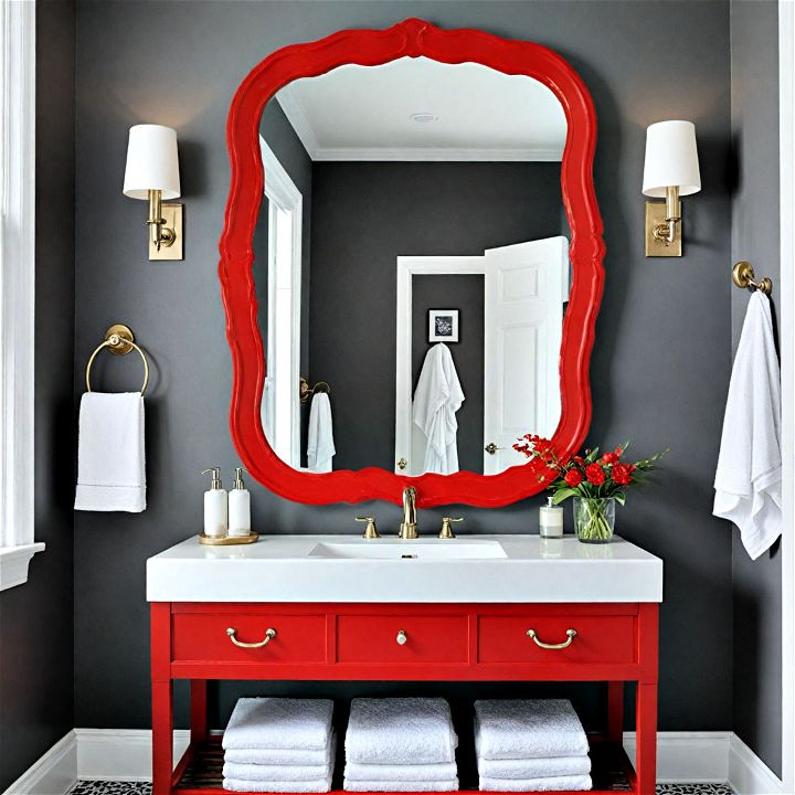 red framed bathroom mirror