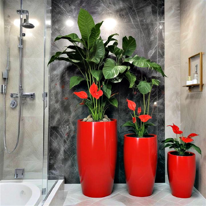 red plants and planters for bathroom