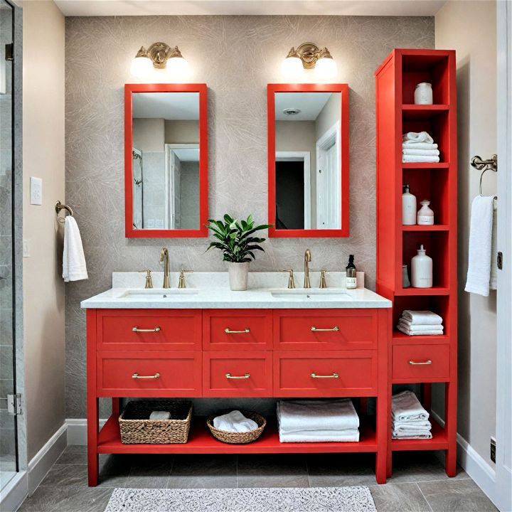 red vanity and cabinets for bathroom
