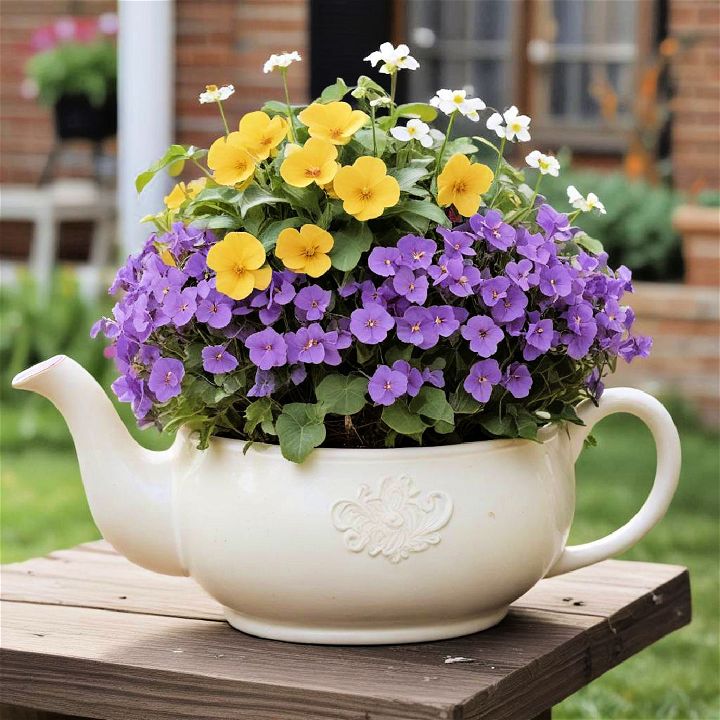 repurpose antique teapots into quaint planters