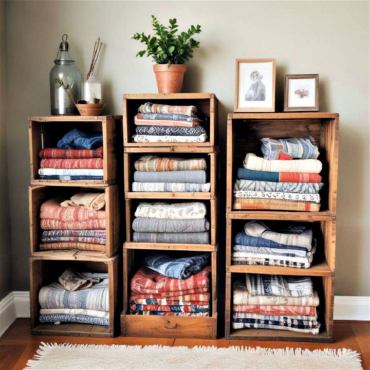 repurposed old crates as shelves to store blankets