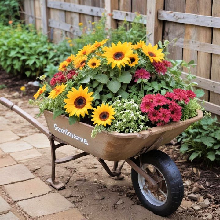 repurposed wheelbarrow planters for fall