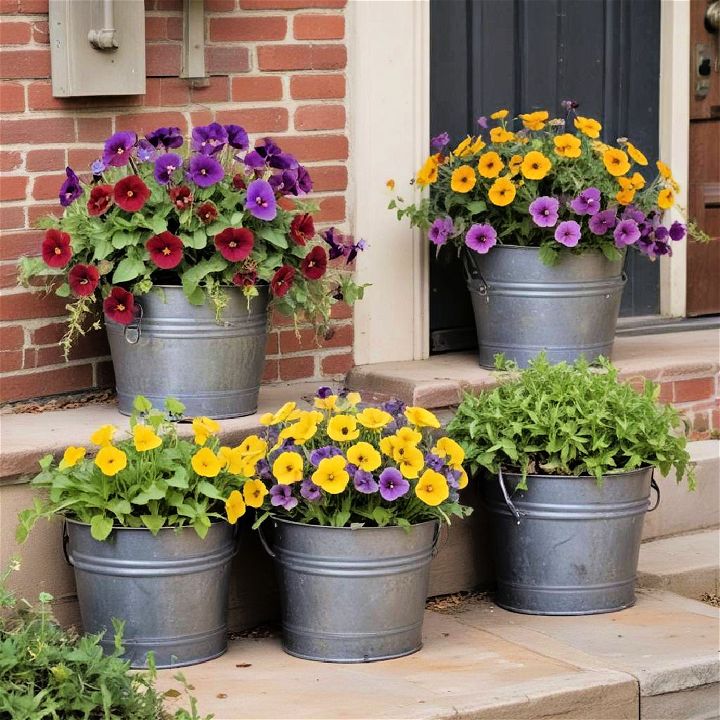repurposing metal buckets into planters