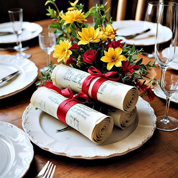 rolled up faux diplomas as centerpieces