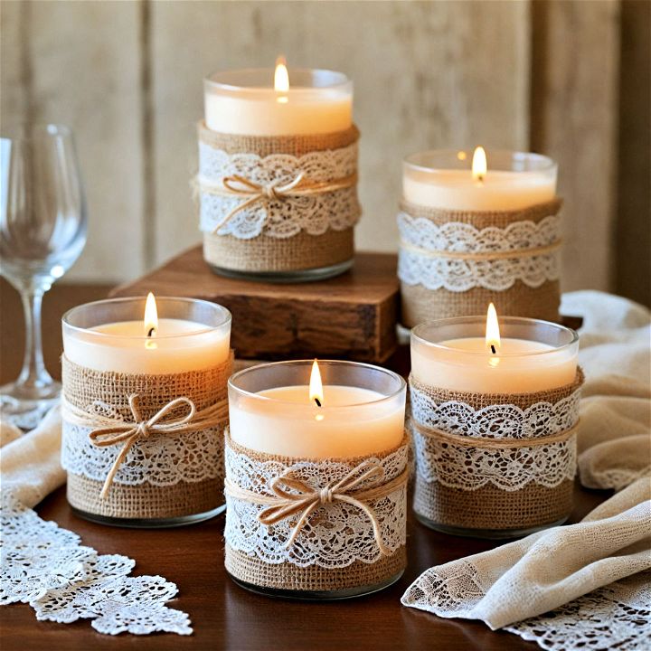 rustic burlap and lace candle holders