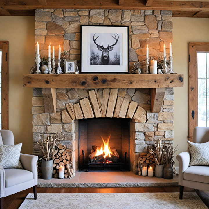 rustic fireplace mantel for a warm display