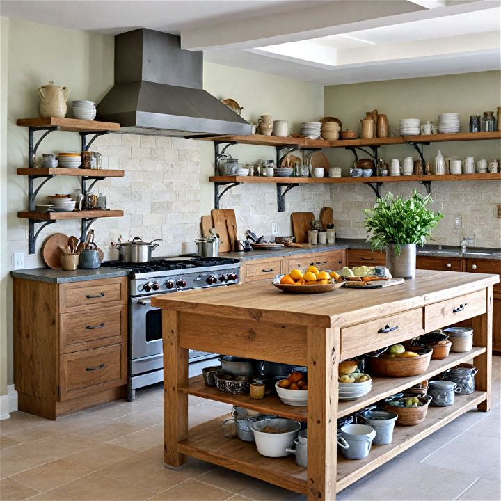 rustic kitchen island with open shelving