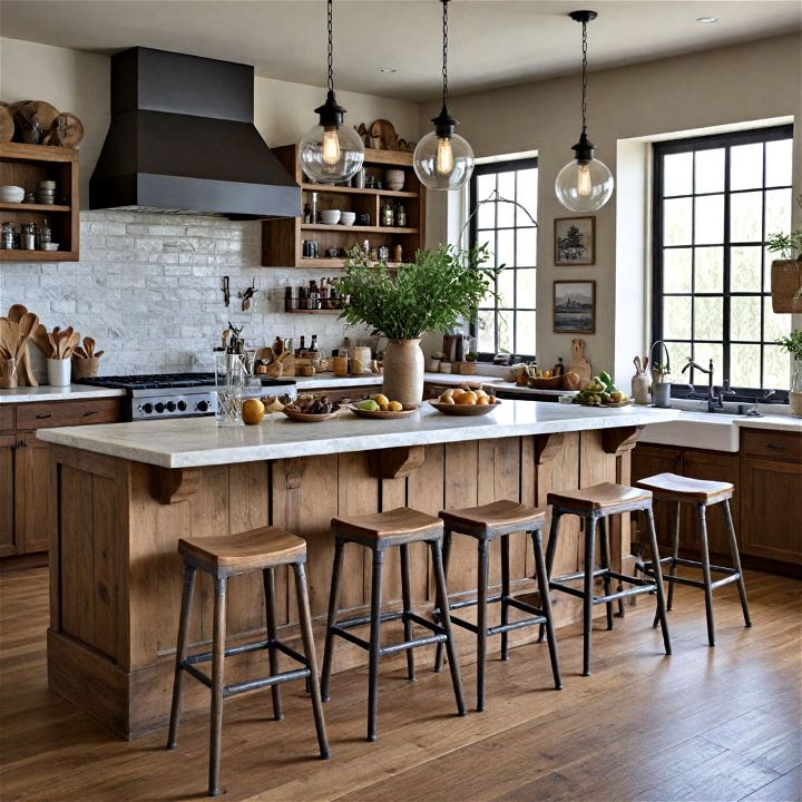 rustic kitchen island with vintage bar stools