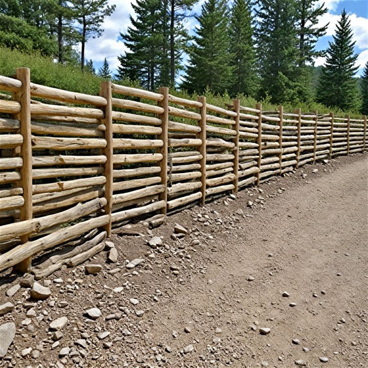rustic split rail timber retaining wall