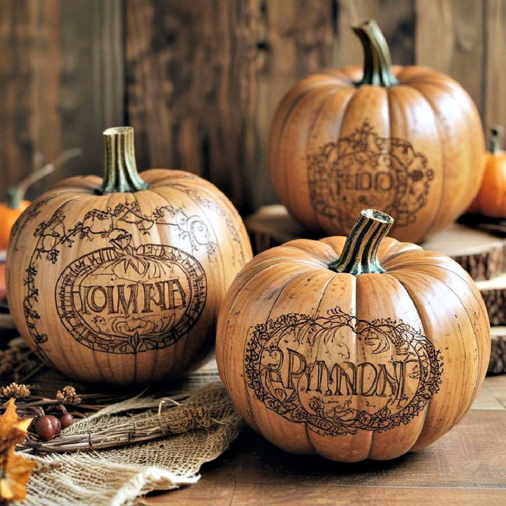 rustic wood burned pumpkins