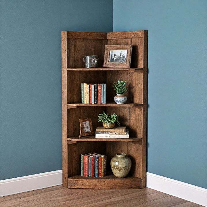 rustic wooden corner bookshelf