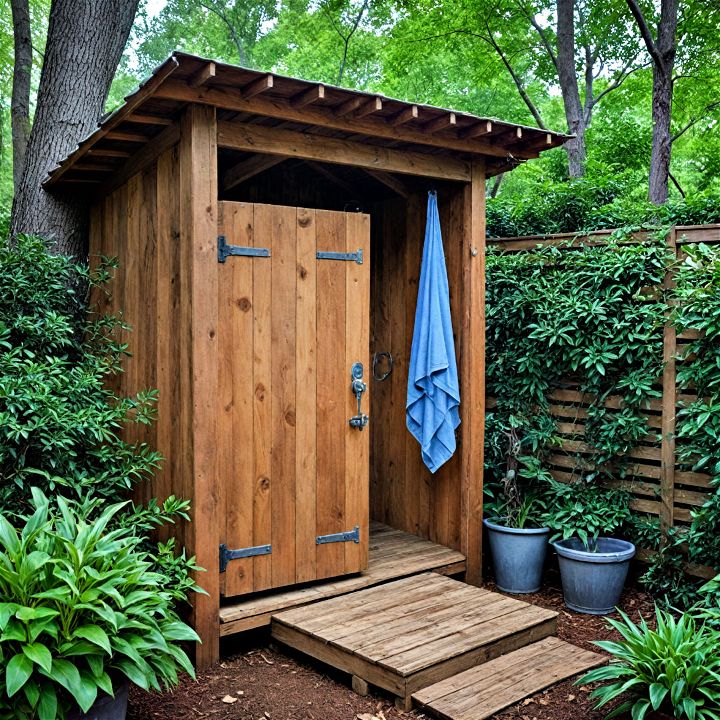 rustic wooden stall outdoor shower