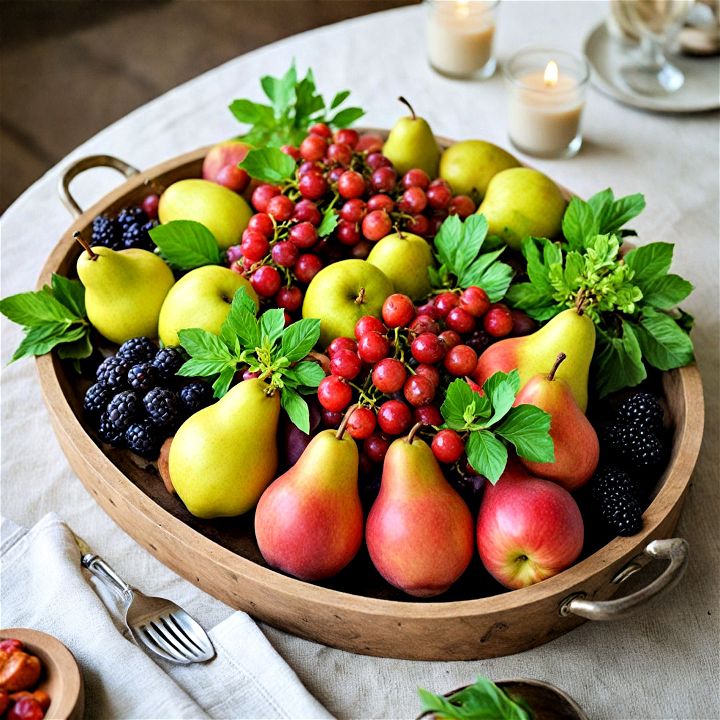 rustic wooden tray with seasonal fruits