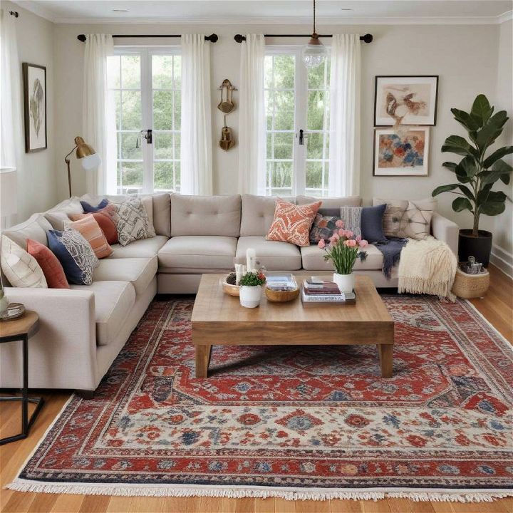 sectional with bold statement rug