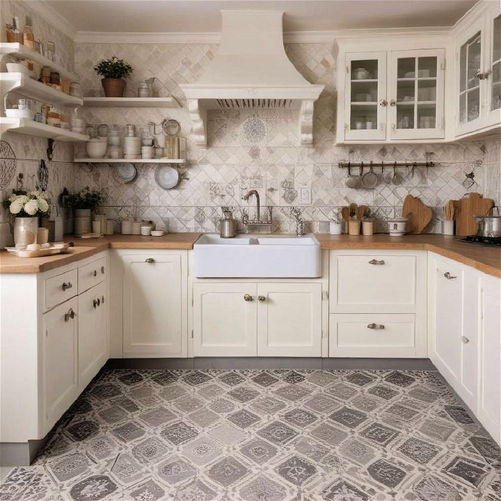 shabby chic kitchen patterned floor tiles