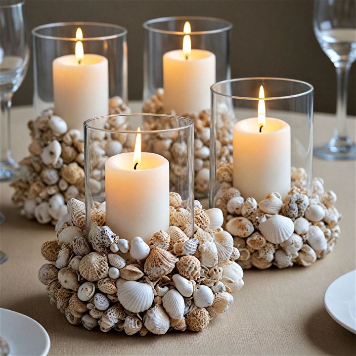 shell encrusted candle holders for wedding centerpiece