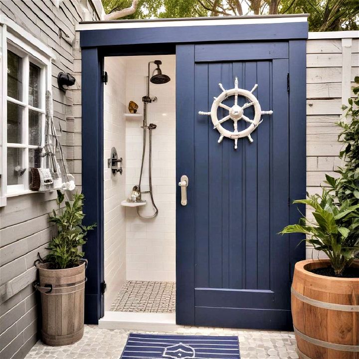 shower enclosed with a nautical navy door