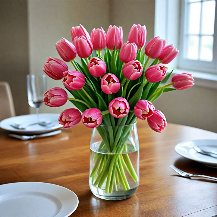 simple vase with bunches of tulips
