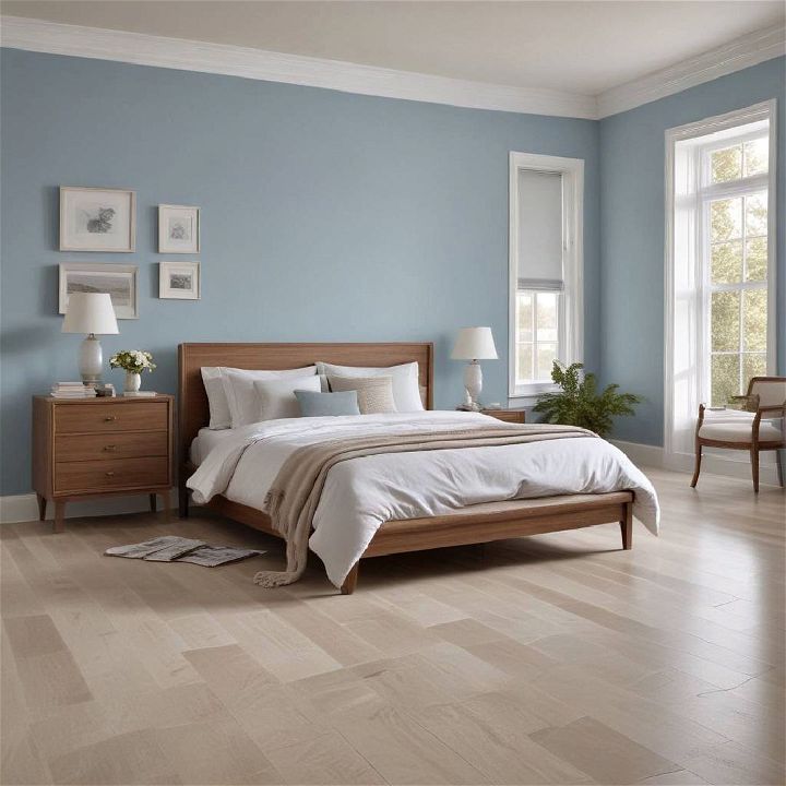 sky blue wall and neutral taupe floor for bedroom