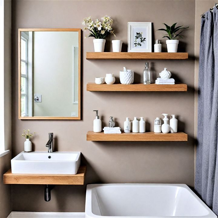 sleek floating shelves to display toiletries