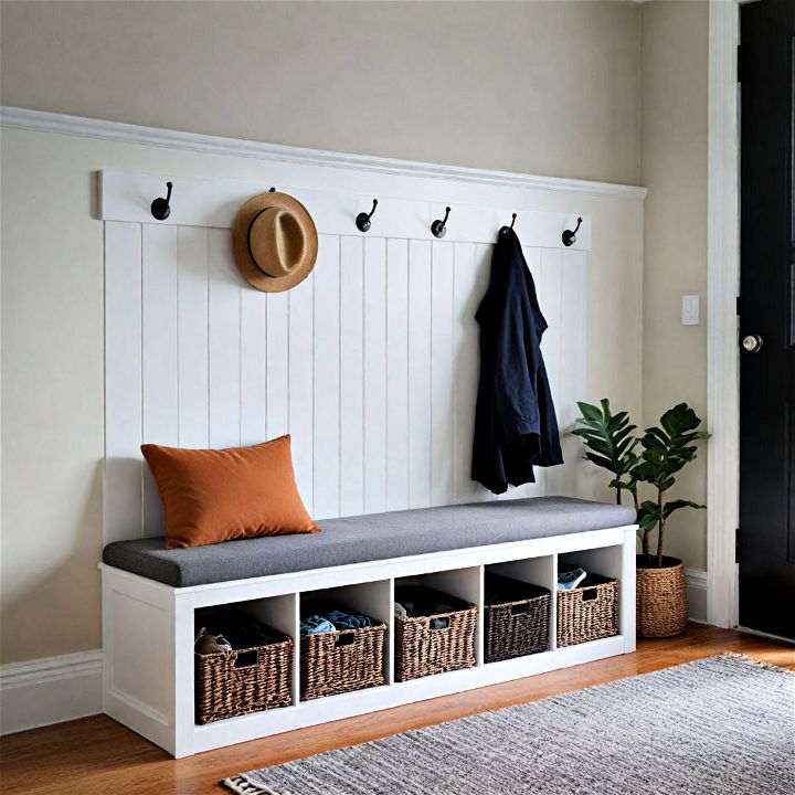 sleek monochrome mudroom bench