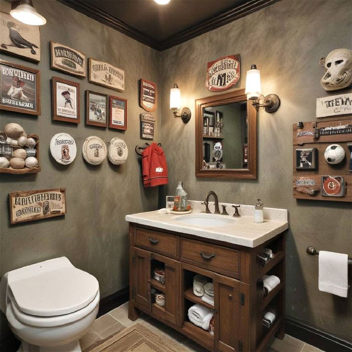 sports memorabilia decor for man cave bathroom