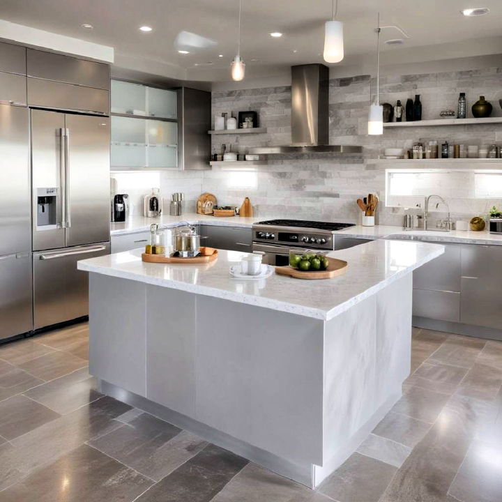stainless steel appliances for grey and white kitchen