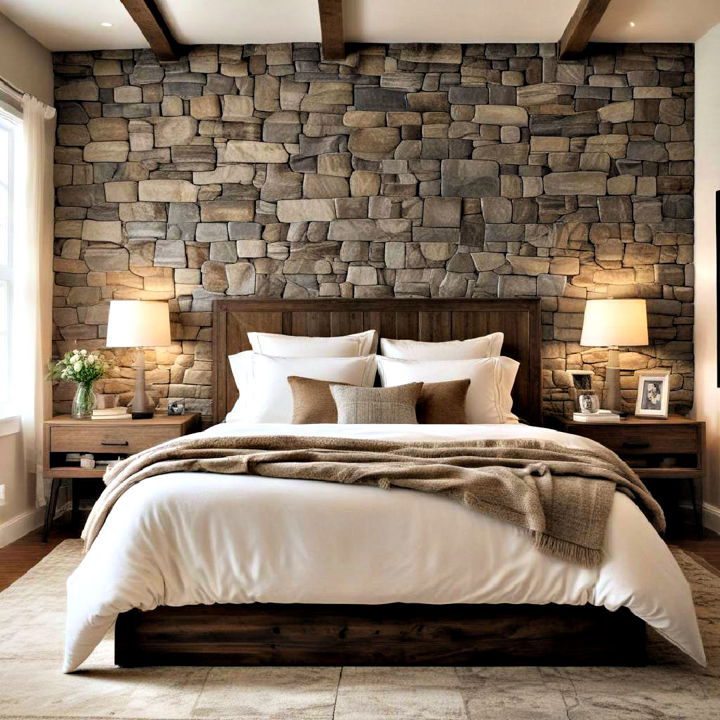 stone accent wall cottage bedroom
