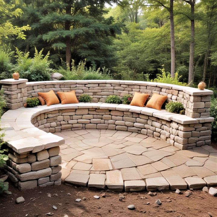 stone seating walls with built in bench