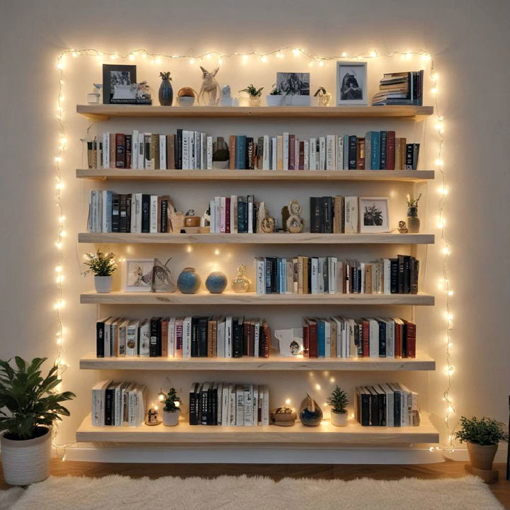 string lights for bookshelf decor