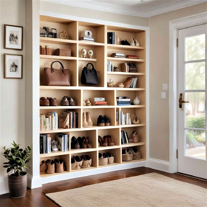 stylish built in bookshelves in the entryway