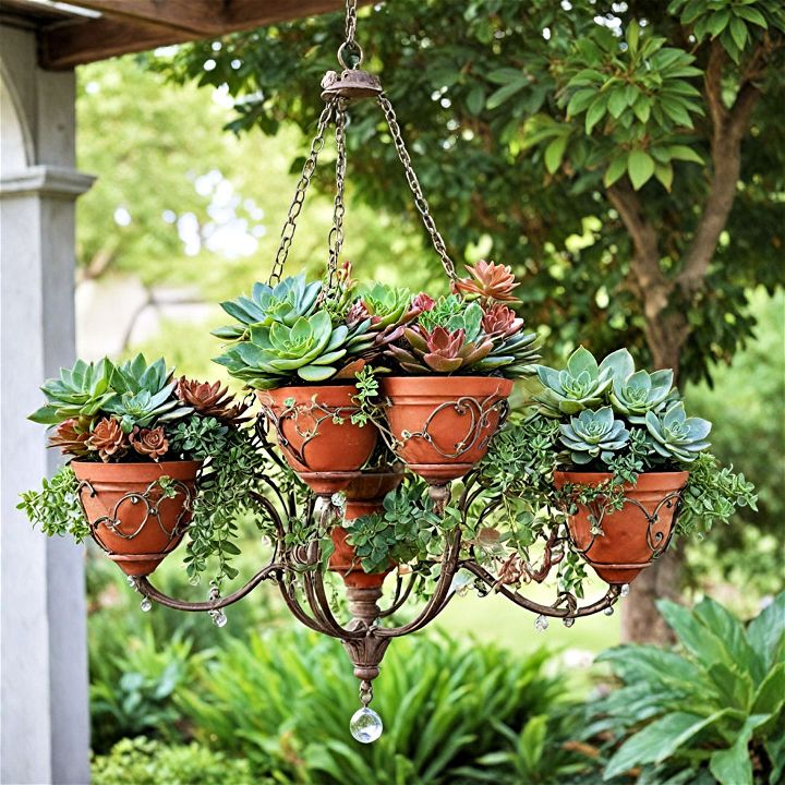 succulent chandelier for garden centerpiece