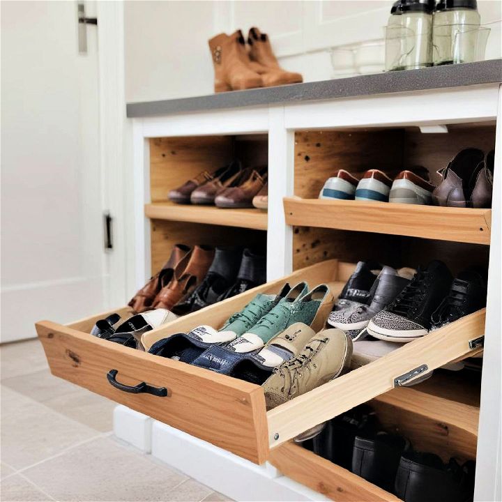 tilt out shoe storage for small mudroom