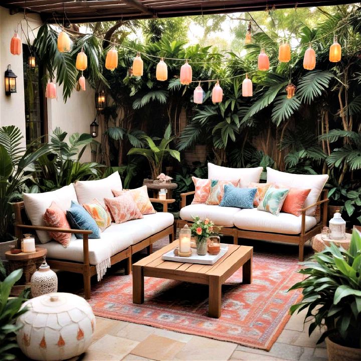 tropical backyard lounge area