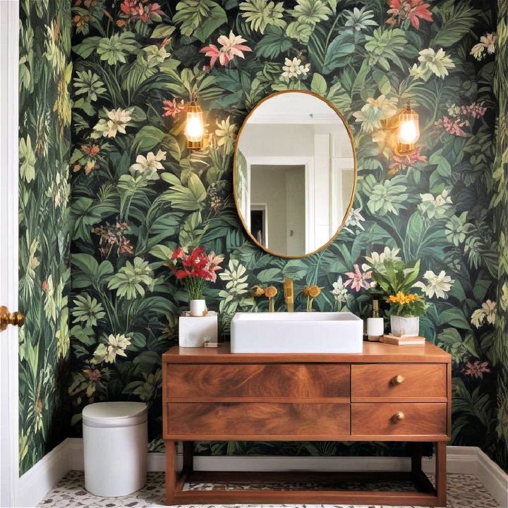 tropical print wallpaper for small bathroom