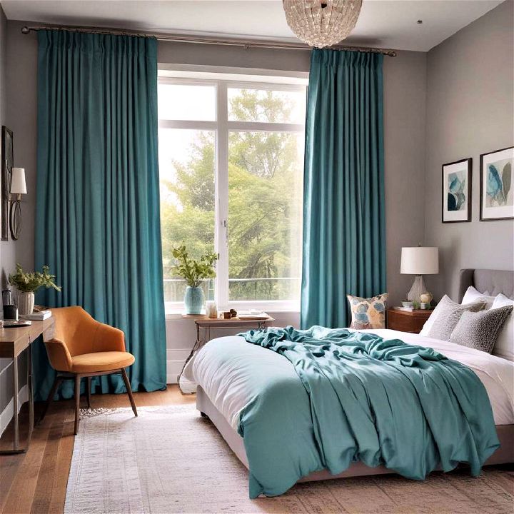 turquoise curtains against gray walls