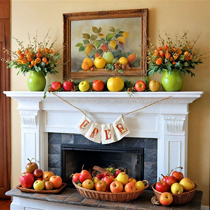unique apple and pear fall mantel display