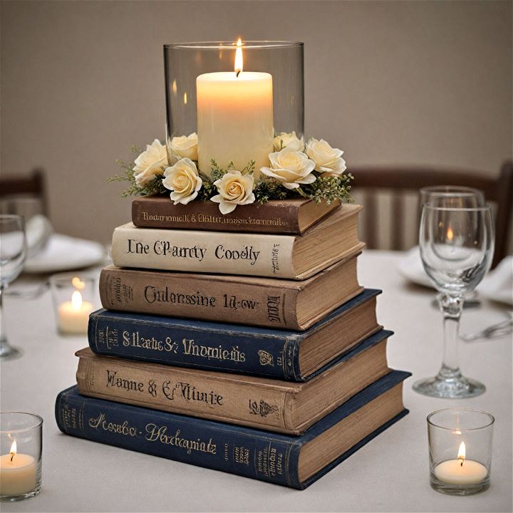 unique stacked books with candles
