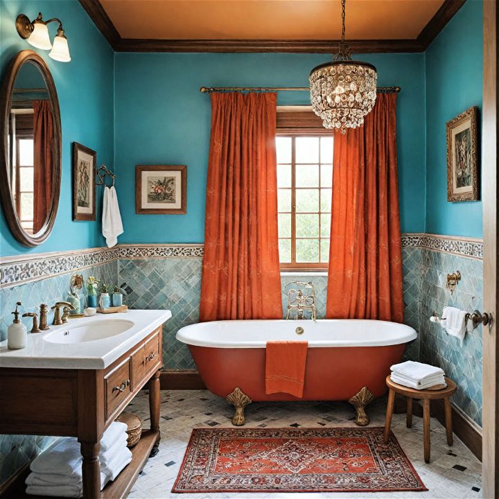 use vibrant textiles for a cozy bathroom