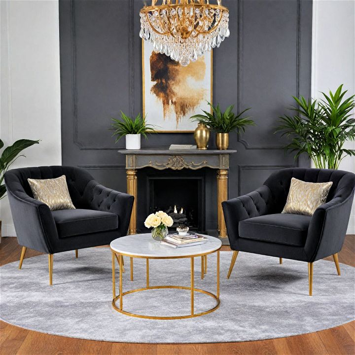velvet black armchairs with gold legs