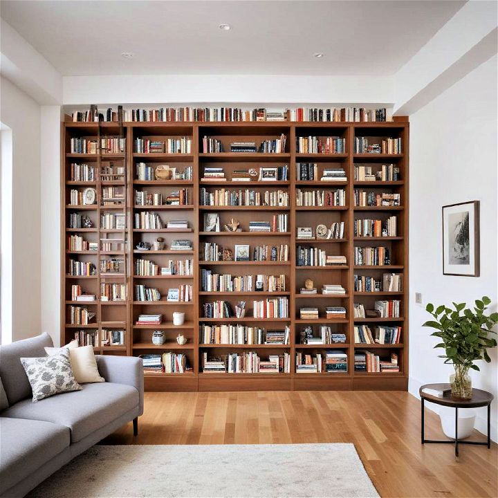 vertical space in a loft with built in bookshelves