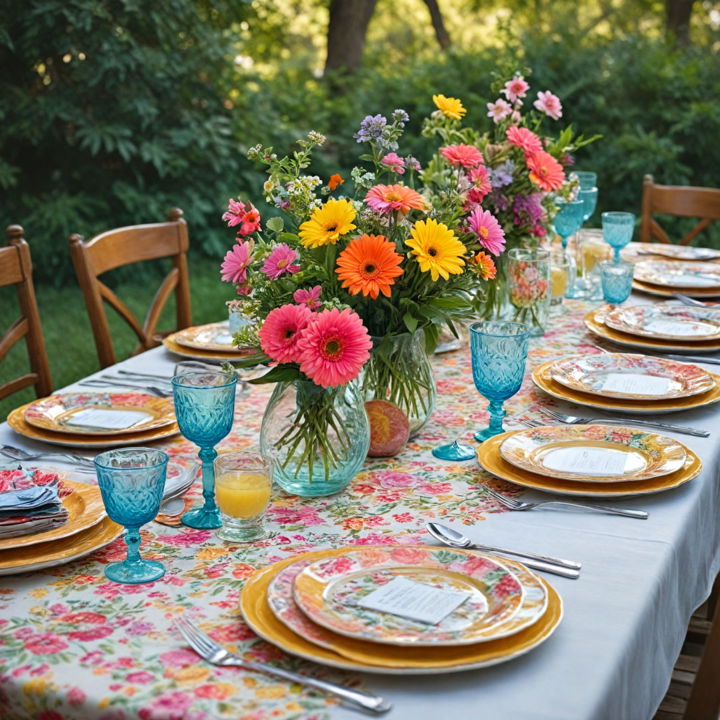 vibrant garden party theme table setting