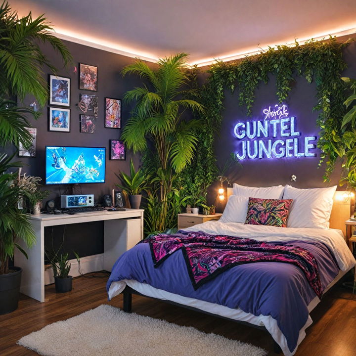 vibrant neon jungle for gaming bedroom