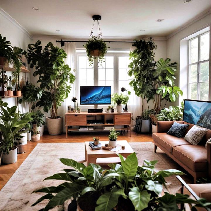 video game room with greenery and plants