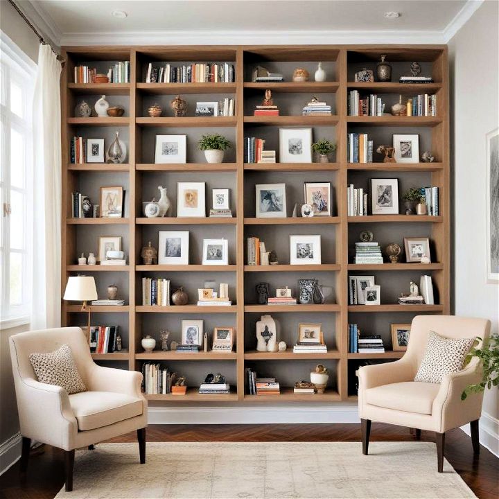 wall into an art gallery with built in bookshelves design