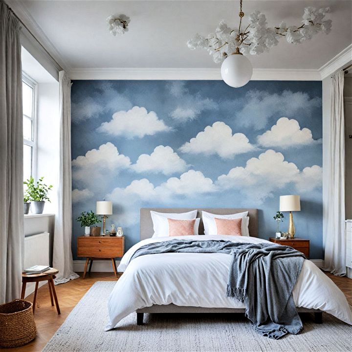 whimsical cloud painted bedroom wall