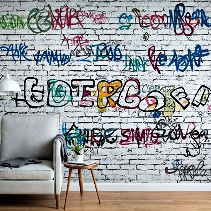 white brick wallpaper with graffiti design