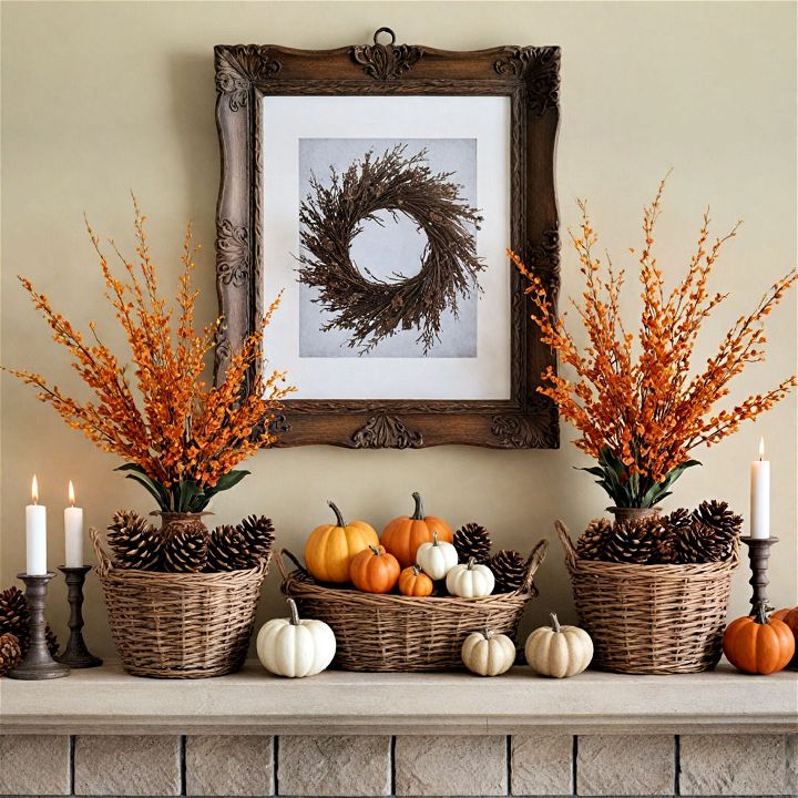 wicker baskets for an inviting mantel decor